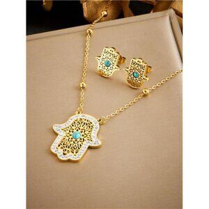 1set Gold-Plated Hamsa Hand Turquoise Pendant Necklace Set